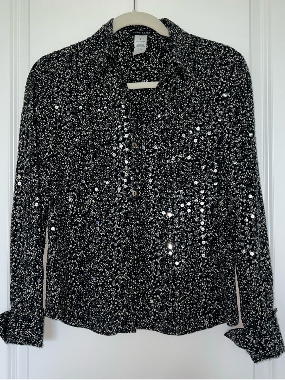 Ann Klein 100% silk Black Sequin-Embellished Long Sleeve Blouse sz.2